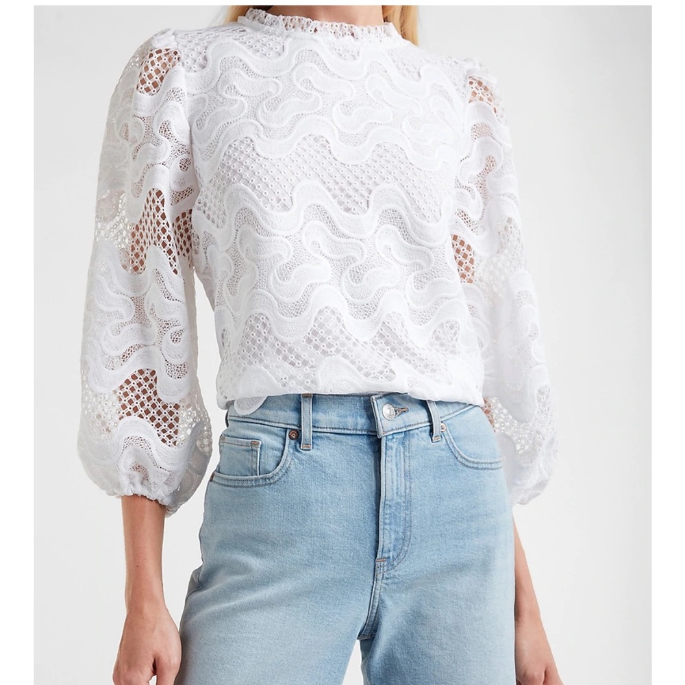 Express Ribbon Lace Ruffle Neck Top - White - XS - Picture 2 of 13